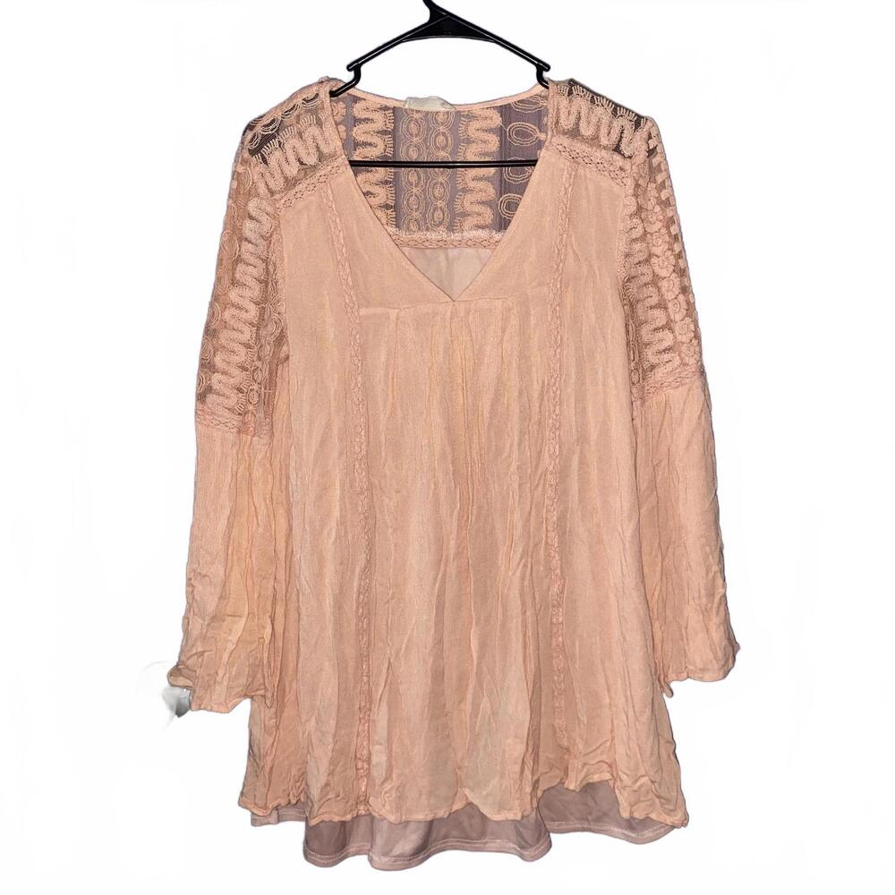 Altar’d State Blush Boho Mini Dress S Sheer Sleeve Lace Peasant Romantic Flowy V
